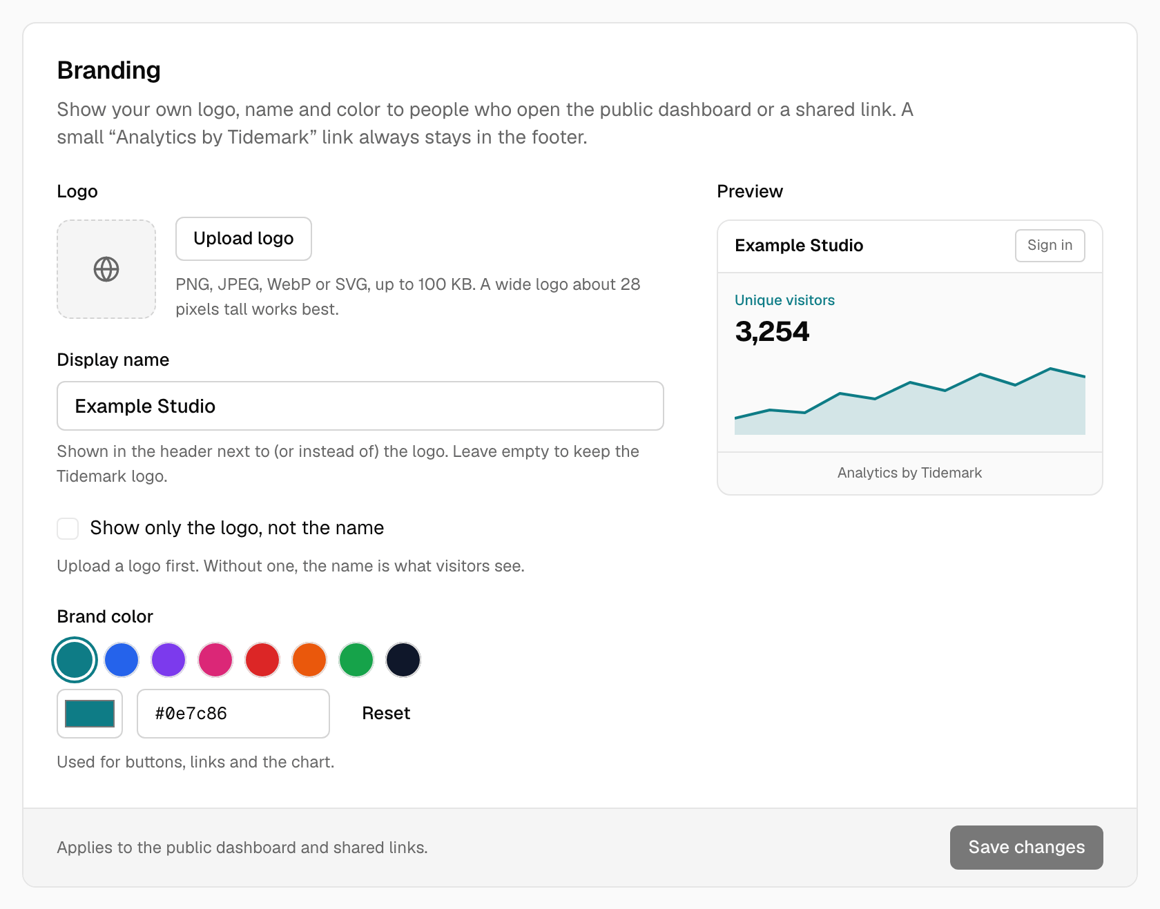 Branding settings with a live preview