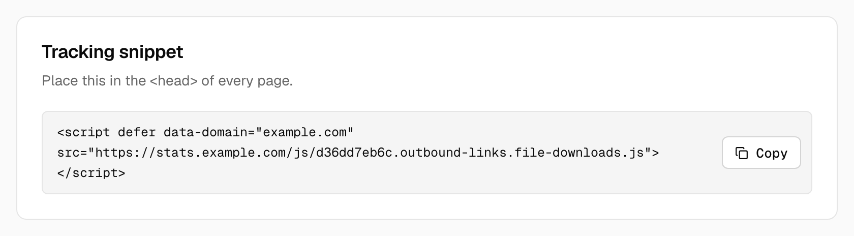 The tracking snippet in the Tracking tab of Site settings